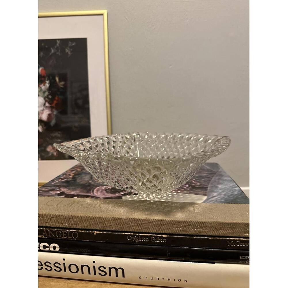 Vintage Ruffled Diamond Point Clear Cut Glass Candy Nut Dish Trinket Holder
